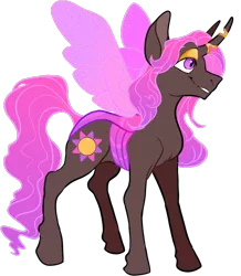 Size: 834x956 | Tagged: artist:malphym, changepony, derpibooru import, eyeshadow, female, grin, horn, horn ring, hybrid, interspecies offspring, magical lesbian spawn, makeup, oc, oc:princess rubellite tourmaline, offspring, parent:princess celestia, parent:queen chrysalis, parents:chryslestia, ring, safe, simple background, smiling, solo, transgender, trans girl, transparent background, unofficial characters only