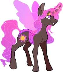 Size: 834x956 | Tagged: alternate version, artist:malphym, changepony, derpibooru import, eyeshadow, female, glowing horn, grin, horn, horn ring, hybrid, interspecies offspring, magic, magical lesbian spawn, makeup, oc, oc:princess rubellite tourmaline, offspring, parent:princess celestia, parent:queen chrysalis, parents:chryslestia, ring, safe, simple background, smiling, solo, transgender, trans girl, transparent background, unofficial characters only