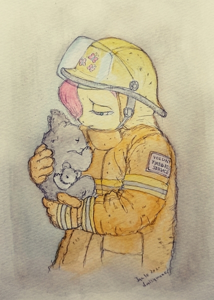 Size: 689x965 | Tagged: anthro, artist:daisymane, australian bushfires, derpibooru import, duo, female, firefighter, firefighter fluttershy, firefighter helmet, fire suit, fluttershy, helmet, holding, koala, looking at something, safe, three quarter view, traditional art