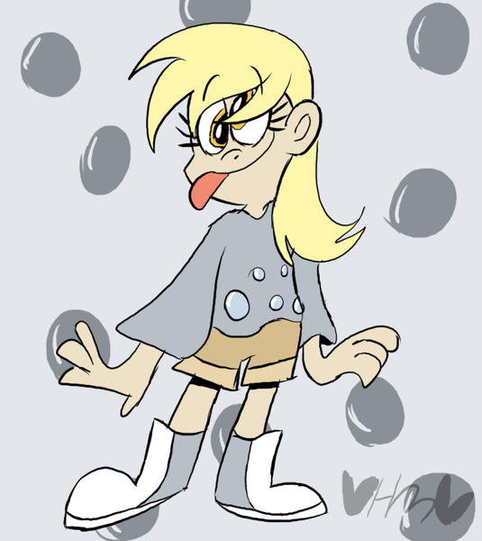 Size: 713x800 | Tagged: safe, artist:mirabuncupcakes15, derpibooru import, derpy hooves, human, boots, clothes, female, humanized, shirt, shoes, shorts, solo, tongue out
