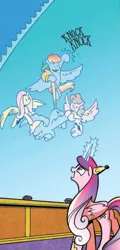 Size: 288x601 | Tagged: safe, artist:andypriceart, derpibooru import, idw, fluttershy, lightning dust, princess cadance, rainbow dash, alicorn, pegasus, pony, siege of the crystal empire, spoiler:comic, spoiler:comic34, cropped, crossed arms, female, force field, frown, image, knocking, mare, official comic, png, smiling, tail, tail pull