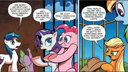Size: 997x564 | Tagged: safe, artist:andypriceart, derpibooru import, idw, applejack, pinkie pie, rainbow dash, rarity, shining armor, spike, dragon, earth pony, pony, unicorn, siege of the crystal empire, spoiler:comic, spoiler:comic36, applejack's hat, cage, comic, cowboy hat, cropped, female, hat, male, mare, metahumor, official comic, shrug, speech bubble, stallion