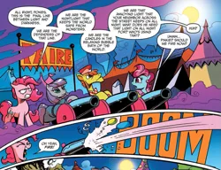 Size: 997x765 | Tagged: safe, artist:andypriceart, derpibooru import, idw, carrot cake, cup cake, maud pie, pinkie pie, earth pony, pony, siege of the crystal empire, spoiler:comic, spoiler:comic37, comic, cropped, female, male, mare, official comic, party cannon, smoke, speech bubble, stallion, tent, windswept mane