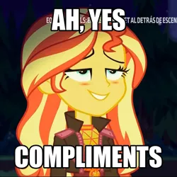 Size: 720x720 | Tagged: safe, derpibooru import, edit, edited screencap, editor:shyinka, screencap, sunset shimmer, equestria girls, equestria girls series, sunset's backstage pass!, spoiler:eqg series (season 2), blushing, campfire, caption, compliment, cropped, exploitable meme, image macro, lidded eyes, meme, reaction image, smiling, solo, text