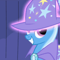 Size: 200x200 | Tagged: source needed, useless source url, safe, derpibooru import, screencap, trixie, pony, unicorn, boast busters, animated, bust, clothes, cropped, gif, hat, levitation, magic, magic aura, smiling, solo, telekinesis, trixie's hat, wizard hat