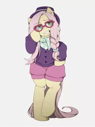 Size: 1620x2160 | Tagged: safe, artist:umeguru, derpibooru import, fluttershy, pegasus, pony, fake it 'til you make it, alternate hairstyle, bipedal, clothes, eye clipping through hair, female, glasses, hat, hipstershy, hoof on hip, looking at you, mare, simple background, solo, sweater, white background