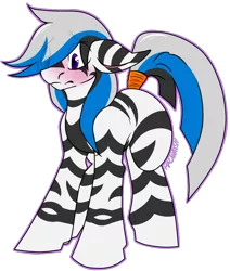 Size: 961x1132 | Tagged: artist:razinoats, blushing, derpibooru import, male, oc, oc:xander rivertail, purple eyes, safe, solo, tail wrap, tri-color mane, zebra, zebra oc