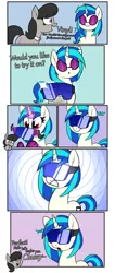 Size: 1700x4026 | Tagged: safe, artist:moonatik, derpibooru import, octavia melody, vinyl scratch, earth pony, pony, unicorn, bowtie, brainwashing, comic, dialogue, female, glasses, goggles, hypnogear, hypnogoggles, hypnosis, implied lesbian, implied scratchtavia, implied shipping, magic, mare