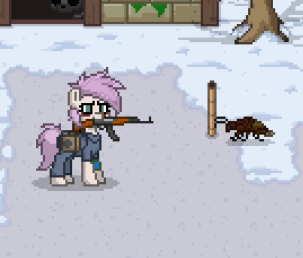 Size: 303x258 | Tagged: safe, derpibooru import, oc, oc:astral comet, cockroach, insect, pony, radroach, fallout equestria, pony town, ak-47, ak47, ashes town, assault rifle, fallout, female, gun, gun in mouth, rifle, weapon