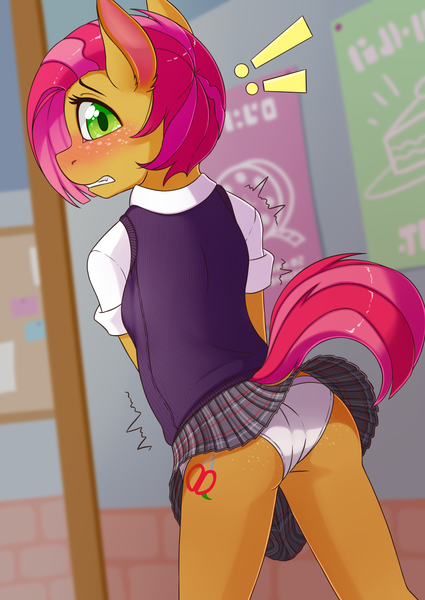 Size: 2550x3600 | Tagged: suggestive, artist:fearingfun, derpibooru import, babs seed, anthro, earth pony, pony, absurd resolution, ass, blushing, blushing profusely, butt, butt freckles, clothes, cute, cutie mark, embarrassed, embarrassed underwear exposure, exclamation point, female, freckles, lolicon, looking at you, looking back, looking back at you, looking over shoulder, miniskirt, older, older babs seed, panties, pleated skirt, raised tail, school, school uniform, schoolgirl, skirt, skirt lift, solo, solo female, tail, underage, underwear, upskirt, white underwear, written equestrian