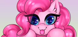 Size: 3000x1457 | Tagged: safe, artist:yutakira92, derpibooru import, pinkie pie, earth pony, pony, :p, big eyes, bust, cute, diapinkes, ear fluff, eye clipping through hair, gradient background, heart eyes, looking at you, lurking, portrait, smiling, solo, tongue out, wingding eyes