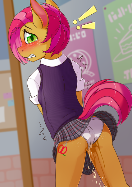 Size: 2550x3600 | Tagged: questionable, artist:fearingfun, derpibooru import, babs seed, anthro, earth pony, art pack:sprinkler party, absurd resolution, ass, babs peed, bipedal, blushing, blushing profusely, butt, butt freckles, clothes, cutie mark, embarrassed, embarrassed underwear exposure, exclamation point, fear wetting, female, fetish, freckles, gritted teeth, image, looking at you, looking back, looking back at you, looking over shoulder, older, older babs seed, panties, pantypee, peeing in pants, pissing, pissing on self, png, potty emergency, potty time, raised tail, scared, school uniform, shaking, shaking in fear, skirt, solo, solo female, tail, underwear, upskirt, urine, vaginal secretions, watersports, wet panties, wetting