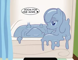 Size: 3300x2550 | Tagged: safe, artist:badumsquish, derpibooru import, oc, oc:tremble, goo, goo pony, monster pony, original species, pony, bath, bathtub, bedroom eyes, curtain, dialogue, female, flirting, goo pony bath, looking at you, mare, melting, smiling, talking to viewer