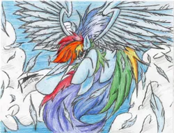 Size: 2048x1572 | Tagged: safe, artist:petanoprime, derpibooru import, rainbow dash, pegasus, pony, cloud, feather, female, flying, hair over one eye, mare, signature, solo, spread wings, traditional art, wings