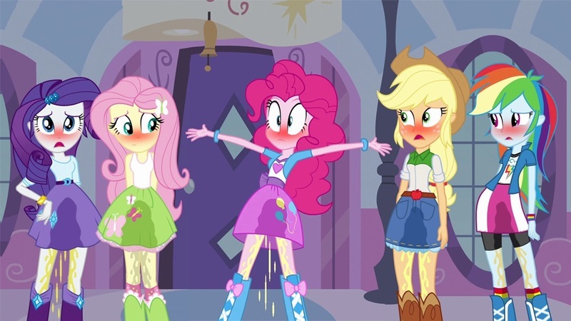 Size: 1000x563 | Tagged: questionable, derpibooru import, edit, edited screencap, screencap, applejack, fluttershy, pinkie pie, rainbow dash, rarity, equestria girls, equestria girls (movie), clothes, fetish, pissing, pissing on self, urine, watersports, wet, wet clothes, wetting