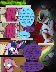 Size: 888x1150 | Tagged: grimdark, artist:didun850, derpibooru import, pinkie pie, rainbow dash, twilight sparkle, earth pony, pegasus, pony, unicorn, comic:my little enenra friendship is insane, ask, blood, comic, corpse, curved horn, dead, dialogue, eyes closed, fangs, female, hair over one eye, horn, mare, missing cutie mark, pinkamena diane pie, stitches, unicorn twilight