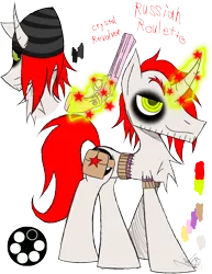 Size: 888x1150 | Tagged: safe, artist:didun850, derpibooru import, oc, oc:russian roulette, unofficial characters only, pony, unicorn, bag, beanie, belt, bust, chest fluff, curved horn, eyeliner, glowing horn, gun, hair over one eye, hat, horn, magic, makeup, male, reference sheet, saddle bag, signature, smiling, stallion, telekinesis, text, unicorn oc, weapon