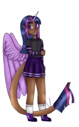 Size: 587x938 | Tagged: alicorn humanization, artist:nishiito, clothes, converse, dark skin, derpibooru import, ebony verse, elf ears, female, freckles, grin, horn, horned humanization, human, humanized, large wings, leonine tail, long tail, miniskirt, pleated skirt, safe, shoes, simple background, skirt, smiling, socks, solo, sweater, tail, tailed humanization, twilight sparkle, white background, winged humanization, wings