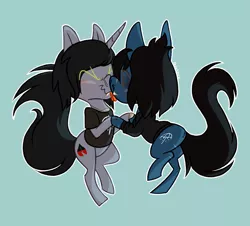 Size: 1631x1476 | Tagged: safe, artist:petalierre, derpibooru import, ponified, ponified:kellin quinn, ponified:oliver sykes, earth pony, pony, undead, unicorn, zombie, zombie pony, bags under eyes, bipedal, bipedal leaning, blue background, blushing, bone, boop, bring me the horizon, clothes, commission, disguise, disguised siren, eyes closed, fangs, gay, happy, holding hooves, horn, jewelry, leaning, long sleeves, male, necklace, noseboop, scar, shipping, shirt, signature, simple background, sleeping with sirens, stitches, t-shirt, tongue out, ych result