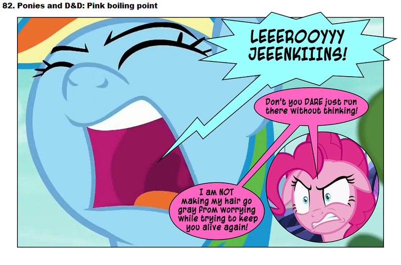 Size: 868x574 | Tagged: angry, artist:dziadek1990, battle cry, buckball season, comic, comic:ponies and d&d, conversation, derpibooru import, dialogue, dungeons and dragons, edit, edited screencap, emote story:ponies and d&d, furious, leeroy jenkins, oc, oc:pinka, oc:skullfuck doombringer, pen and paper rpg, pinkie pie, rainbow dash, reference, rpg, safe, screencap, screencap comic, shout, slice of life, text, warcraft, world of warcraft, yelling