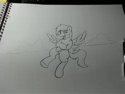 Size: 3264x2448 | Tagged: safe, artist:lucas_gaxiola, derpibooru import, oc, unofficial characters only, pegasus, pony, cloud, flying, irl, laughing, lineart, male, open mouth, pegasus oc, photo, signature, solo, stallion, traditional art, wings