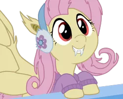 Size: 1000x800 | Tagged: safe, artist:incendiaryboobs, derpibooru import, fluttershy, bat pony, pony, best gift ever, bat ponified, clothes, cute, earmuffs, fangs, female, flutterbat, mare, race swap, redraw, shyabates, shyabetes, simple background, smiling, solo, spread wings, sweater, transparent background, wings