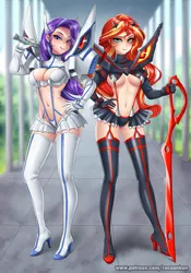 Size: 770x1100 | Tagged: suggestive, alternate version, artist:racoonsan, derpibooru import, starlight glimmer, sunset shimmer, human, equestria girls, ami koshimizu, anime, breasts, clothes, cosplay, costume, human coloration, japanese, junketsu, kamui, kill la kill, ryuko matoi, satsuki kiryuin, scissor blade, senketsu, voice actor joke