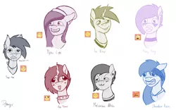 Size: 4531x2823 | Tagged: safe, artist:dyonys, derpibooru import, oc, oc:ash flame, oc:ice nine, oc:minty king, oc:motionless white, oc:mythic light, oc:shadow rose, oc:sugar moon, bat pony, pony, unicorn, beanie, bust, choker, clothes, ear piercing, earring, emoji challenge, hat, jewelry, male, piercing, scarf, sketch, stallion