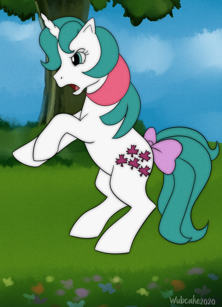 Size: 1000x1380 | Tagged: safe, artist:wubcakeva, derpibooru import, gusty, gusty the great, pony, unicorn, angry, bow, cloud, female, flower, g1, g1 to g4, generation leap, grass, mare, open mouth, rearing, signature, sky, solo, tree