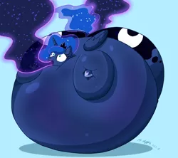 Size: 1280x1138 | Tagged: safe, artist:necrofeline, derpibooru import, princess luna, tantabus, alicorn, pony, female, immobile, inflation, light blue background, mare, simple background