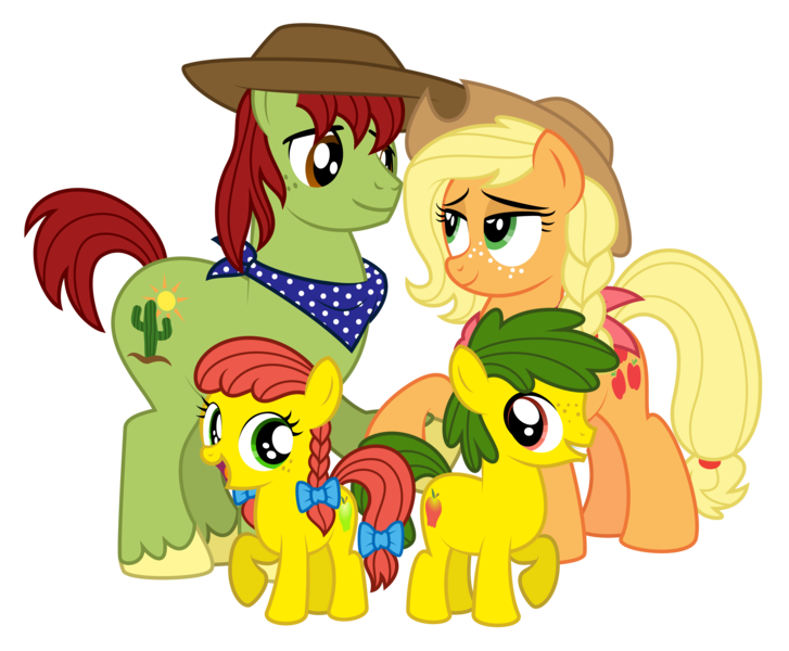 Size: 4438x3663 | Tagged: safe, artist:aleximusprime, derpibooru import, applejack, tex, oc, oc:annie smith, oc:apple chip, earth pony, flurry heart's story, alternate hairstyle, bandana, big brother ponies, clothes, colt, cowboy hat, family, female, filly, freckles, g1, g1 to g4, generation leap, group, hat, male, offspring, older, older applejack, parent:applejack, parents:texjack, parent:tex, scarf, shipping, simple background, stetson, straight, texjack, transparent background, twins