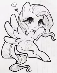 Size: 733x936 | Tagged: safe, artist:rannkiti15, derpibooru import, fluttershy, pegasus, pony, cute, female, heart, mare, monochrome, shyabetes, simple background, solo, spread wings, traditional art, white background, wings