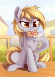Size: 1368x1900 | Tagged: safe, artist:anti1mozg, derpibooru import, derpy hooves, pegasus, pony, cheek fluff, chest fluff, cute, derpabetes, ear fluff, envelope, female, leg fluff, letter, love letter, mare, mouth hold, sitting, solo
