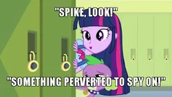 Size: 640x360 | Tagged: suggestive, derpibooru import, edit, edited screencap, screencap, spike, twilight sparkle, equestria girls, equestria girls (movie), canterlot high, caption, image macro, meme, spying, text, voyeurism
