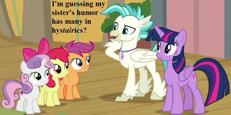 Size: 1152x576 | Tagged: adorabloom, alicorn, apple bloom, cropped, cute, cutealoo, derpibooru import, diasweetes, edit, edited screencap, implied silverstream, jewelry, necklace, pun, safe, scootaloo, screencap, speech, surf and/or turf, sweetie belle, talking, terrabetes, terramar, twiabetes, twilight sparkle, twilight sparkle (alicorn)