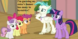 Size: 1152x576 | Tagged: adorabloom, alicorn, apple bloom, cropped, cute, cutealoo, derpibooru import, diasweetes, edit, edited screencap, implied silverstream, jewelry, necklace, pun, safe, scootaloo, screencap, speech, surf and/or turf, sweetie belle, talking, terrabetes, terramar, twiabetes, twilight sparkle, twilight sparkle (alicorn)