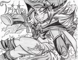 Size: 708x543 | Tagged: safe, artist:petanoprime, derpibooru import, trixie, semi-anthro, unicorn, blush sticker, blushing, clothes, cosplay, costume, crossover, dark magician girl, female, grayscale, grin, mare, monochrome, signature, smiling, text, traditional art, yu-gi-oh!