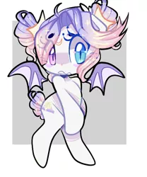 Size: 500x600 | Tagged: safe, artist:peachesandcreamated, derpibooru import, oc, oc:moonaroon, bat pony, pony, abstract background, bat pony oc, bat wings, bipedal, ethereal mane, eye clipping through hair, female, floating wings, heterochromia, mare, slit eyes, solo, starry mane, wings