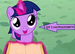 Size: 1008x720 | Tagged: safe, derpibooru import, edit, edited screencap, screencap, twilight sparkle, unicorn, a canterlot wedding, arrow, book, cropped, cute, female, filly, filly twilight sparkle, magic, magic aura, pi, pun, text, twiabetes, unicorn twilight, younger