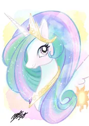 Size: 596x842 | Tagged: safe, artist:majoy_tokyo, derpibooru import, princess celestia, alicorn, pony, bust, crown, cute, cutelestia, cutie mark, female, jewelry, mare, partial background, portrait, regalia, signature, solo, sun