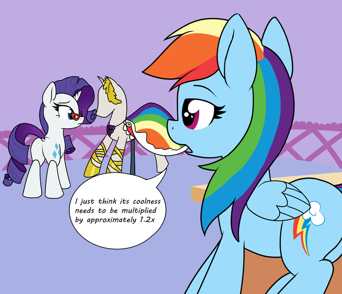 Size: 4096x3520 | Tagged: safe, artist:wenni, derpibooru import, rainbow dash, rarity, pegasus, pony, unicorn, series:pony re-watch, suited for success, 20% cooler, art of the dress, clothes, dialogue, dock, dress, duo, female, gala dress, high res, lidded eyes, mare, math, rarity's glasses, scene interpretation, speech bubble
