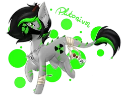 Size: 1024x780 | Tagged: safe, artist:silveer-moon, derpibooru import, oc, oc:plutonium, ponified, unofficial characters only, object pony, original species, pony, bandana, ear fluff, element pony, horns, ionizing radiation warning symbol, leonine tail, male, radioactive, raised hoof, simple background, solo, stallion, transparent background