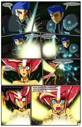 Size: 2331x3600 | Tagged: safe, artist:artemis-polara, derpibooru import, flash sentry, sunset shimmer, comic:a battle to save a possessed soul, equestria girls, arm cannon, armor, aura, badass, beam, blade, bleeding, blocking, blood, breasts, cleavage, clothes, comic, commission, corrupted, danger, dark samus, daydream shimmer, defending, destruction, devastation, dress, energy sword, energy weapon, explosion, falling, fear, female, fight, forest, guarding, horn, injured, magic, male, metroid, night, pain, phazon, possessed, red eye, scared, serious, serious face, shocked expression, tree, weapon