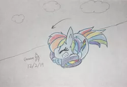 Size: 2238x1537 | Tagged: safe, artist:gmangamer25, derpibooru import, rainbow dash, pegasus, pony, arrow, ball, cloud, crossover, curled up, eyes closed, female, gritted teeth, image, jpeg, male, mare, rainball, rolling, solo, sonic the hedgehog, sonic the hedgehog (series), spin dash, traditional art