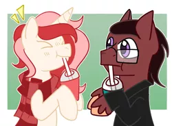 Size: 1200x884 | Tagged: safe, artist:redpalette, derpibooru import, oc, oc:brawny buck, oc:red palette, unofficial characters only, earth pony, pony, unicorn, cute, drink, female, male, mare, slurpee, stallion