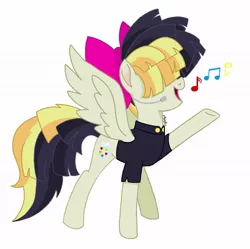Size: 1080x1075 | Tagged: safe, artist:pegasister_mayaprince, derpibooru import, songbird serenade, pegasus, pony, my little pony: the movie, bow, clothes, female, hair bow, hair over eyes, headworn microphone, mare, movie accurate, music notes, open mouth, raised hoof, simple background, singing, smiling, solo, spread wings, white background, wings