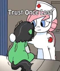 Size: 863x1024 | Tagged: safe, artist:anon3mous1, derpibooru import, nurse redheart, oc, earth pony, pony, unicorn, fanfic:trust once lost, bed, broken leg, cast, comforting, cover art, cute, depth of field, facing away, fanfic art, female, filly, hat, hospital, hospital bed, hurt/comfort, injured, mare, missing cutie mark, nurse, nurse hat, panic, panic attack, panicking, pillow, scared, self insert, shaking