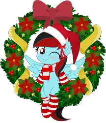 Size: 5000x5786 | Tagged: safe, artist:jhayarr23, derpibooru import, oc, oc:daytona, pegasus, pony, blushing, bow, christmas, clothes, commission, cute, female, half-breed, hat, holiday, jhayarr23's holiday ych, mare, movie accurate, one eye closed, santa hat, scarf, simple background, socks, solo, striped socks, transparent background, wink, wreath, ych result