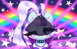 Size: 3078x2000 | Tagged: safe, artist:bunxl, derpibooru import, coloratura, earth pony, pony, the mane attraction, blushing, choker, clothes, countess coloratura, fog, jacket, jewelry, necklace, one eye closed, ponytail, rainbow, smiling, solo, stage, stars, veil, wingding eyes, wink