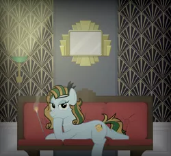 Size: 2200x2000 | Tagged: safe, artist:devfield, derpibooru import, oc, oc:atlas, unofficial characters only, pony, unicorn, art deco, bedroom eyes, bioshock, cigarette, cigarette holder, couch, cushion, feather, female, glow, headband, high res, jewelry, lamp, light, looking at you, mare, mirror, modern art, necklace, pearl necklace, prone, smiling, smirk, smoke, solo, vignette, wallpaper, wood